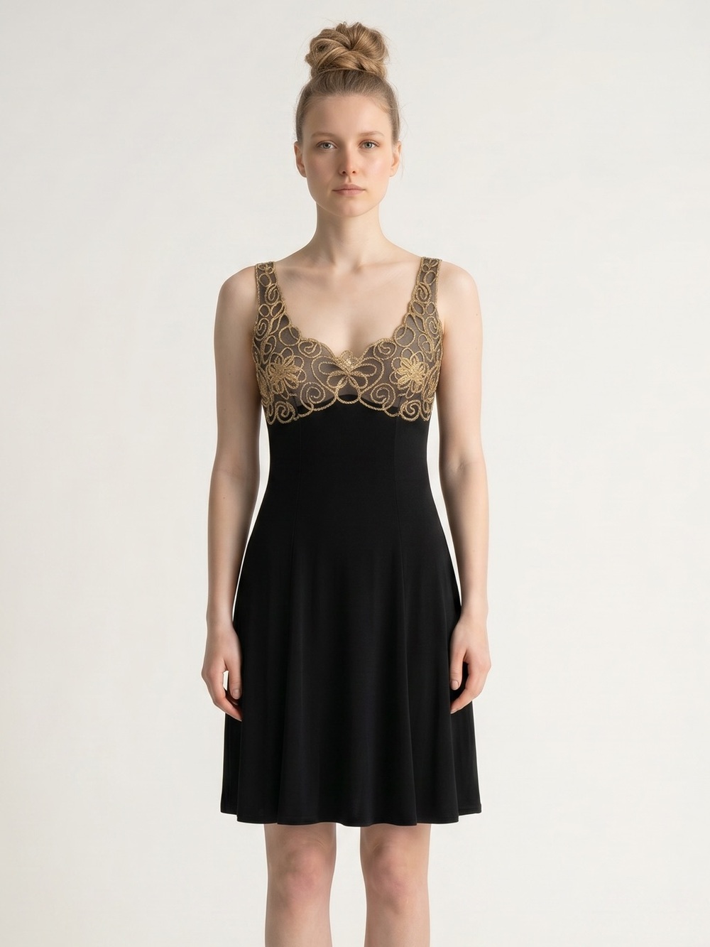 Vintage Y2K Best Choice USA Black Slip Dress with Gold Lace embroidery Bodice